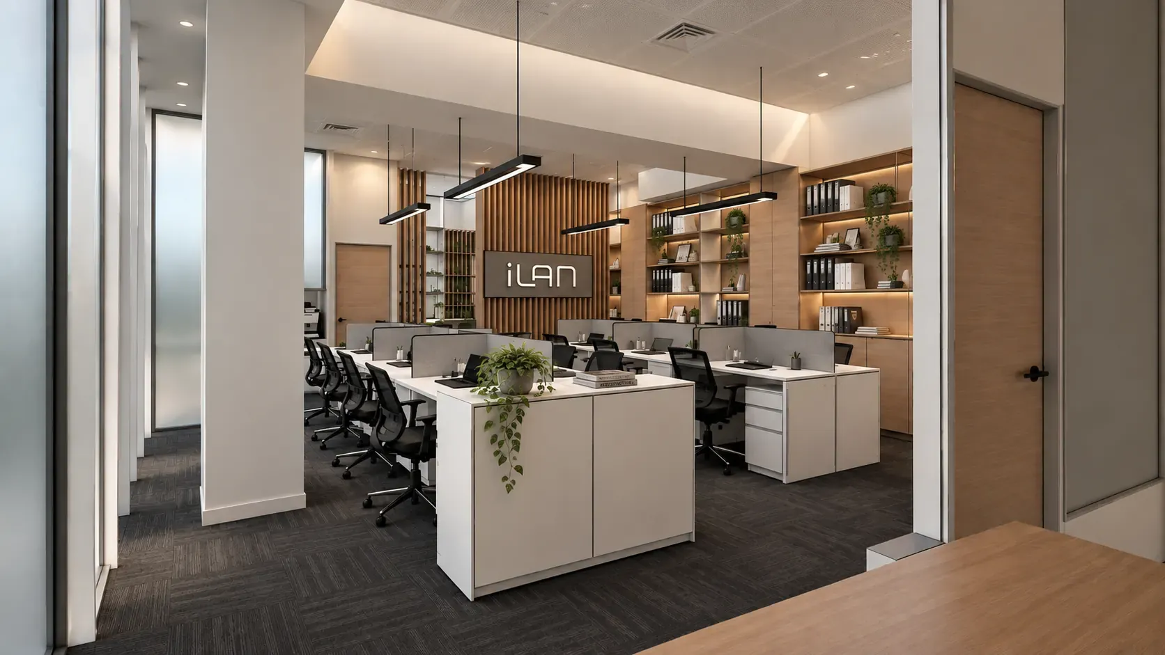 Diseño interior de oficina ILAN con mobiliario, iluminación y terminaciones - Depton Arquitectura